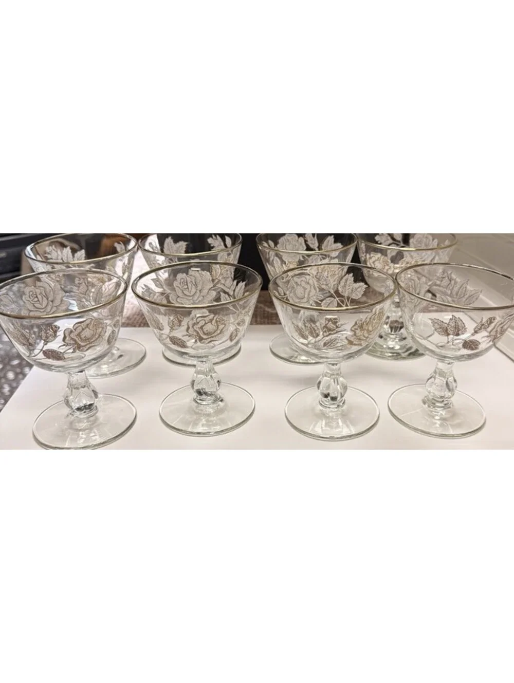 Vintage Libby Rose Set of 8 Clear Champagne Coupe Glasses Etched Gold Rim Floral